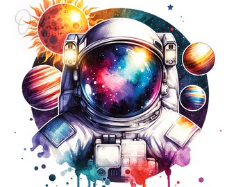 Astronaute PNG, espace de dessin animé Png, planètes colorées Png, soleil espace Clipart, conception de sublimation de chemise, téléchargement numérique PNG