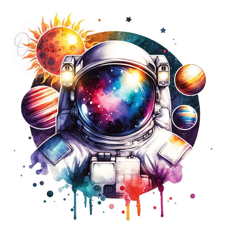 Może przedstawiać: Aquarela przedstawiająca astronautę w białym skafandrze kosmicznym z galaktyką wewnątrz hełmu. Astronauta jest otoczony planetami i słońcem z płomieniami.