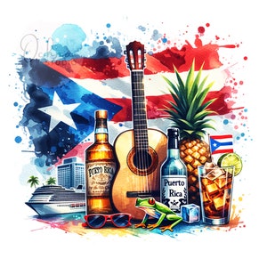 Puede incluir: Una ilustraci&oacute;n de acuarela de la cultura puertorrique&ntilde;a con una guitarra, una botella de ron, una pi&ntilde;a, un vaso de ron y cola, un crucero y una rana verde. El fondo es una pintura de acuarela de la bandera puertorrique&ntilde;a.