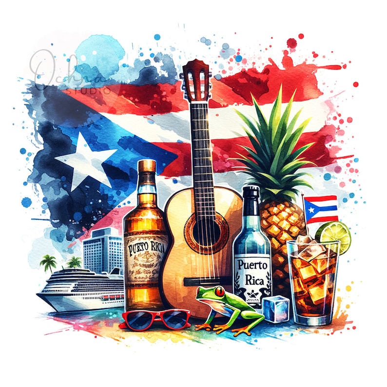 Puede incluir: Una ilustraci&oacute;n de acuarela de la cultura puertorrique&ntilde;a con una guitarra, una botella de ron, una pi&ntilde;a, un vaso de ron y cola, un crucero y una rana verde. El fondo es una pintura de acuarela de la bandera puertorrique&ntilde;a.