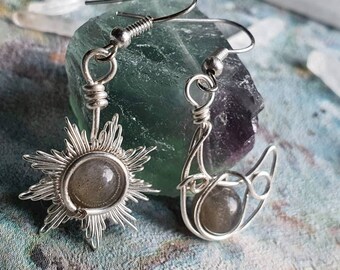 Silver wire, wire wrap, sun and moon, celestial, boho, labradorite, crystal earrings.