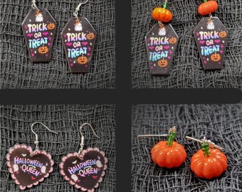 Halloween, halloween queen, trick or treat, pumpkin, spooky earrings for pierced ears.