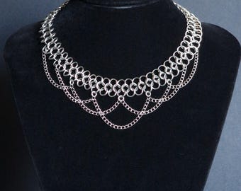 Stainless steel chainmaille chandelier style necklace, handcrafted, durable and stylish.