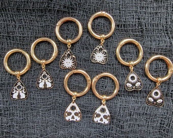 Planchette, ouija, goth, withcy, occult, boot charms, D.M charms, skull, cat, sun