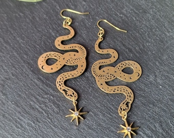 Statement Snake, Star and Moon, celestial, nature, star dangle earrings. Raw brass for pierced ears.