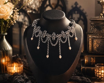 Relic Cathedral Choker | Statement Pearl Chainmail Choker | Gothic Necklace