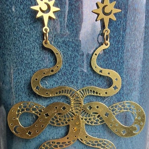 Statement Snake, Star and Moon, celestial, nature, earrings. Raw brass for pierced ears.