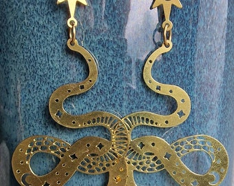 Statement Snake, Star and Moon, celestial, nature, earrings. Raw brass for pierced ears.