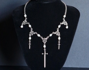 Gothic inspired, Pearl and Sword statement necklace.