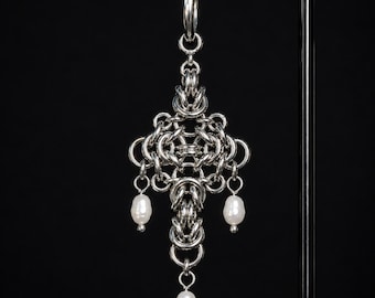 Handwoven Stainless Steel Byzantine Pearl Earrings, Gothic Dangle Statement Jewelry