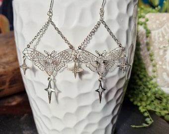 Stellar moth, celestial, nature, steel and silver earrings for pierced ears.
