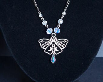 Mystic Moth necklace, whimsygoth, witchy, boho, stainless steel and faceted glass beads.