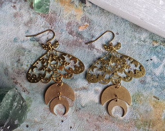 Moth and Moon Earrings: Raw Brass Celestial Boho Jewelry