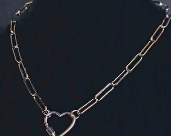 Stainless Steel Heart Carabiner Paperclip Chain Necklace: Edgy Unisex Jewelry