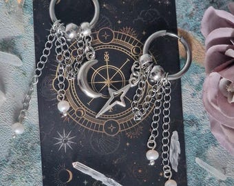 Celestial Mismatched Earrings, Moon & Star Dangles, Real Pearls