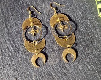Moon cycle, lunar, celestial, witchy, raw brass earrings for pierced ears.