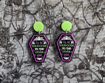 Coffin Earrings – Gothic Halloween Jewelry "Guide to the other side" Neon Green & Purple Statement Dangles