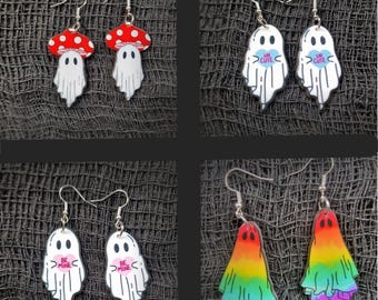 Spooky Ghost Earrings, Halloween Acrylic Earrings, Silver Plated Hooks