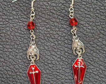 Vampire, vampire bat, coffin, spooky, goth, earrings for pierced ears.