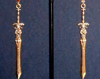 Gold Sword dangle earrings- Gothic Fantasy jewellery with Red Gem studs.