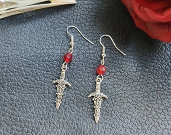 Ornate, silver dagger, witch, occult, Halloween earrings for pierced ears.