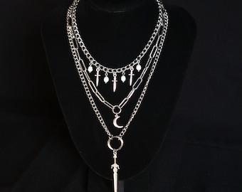 Layered Gothic Sword Necklace with Pearls and Moon Charm | Stainless Steel Chain Statement Necklace