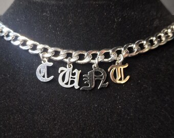Stainless Steel Old English Letter Choker – Gothic Punk Swearword Statement Necklace