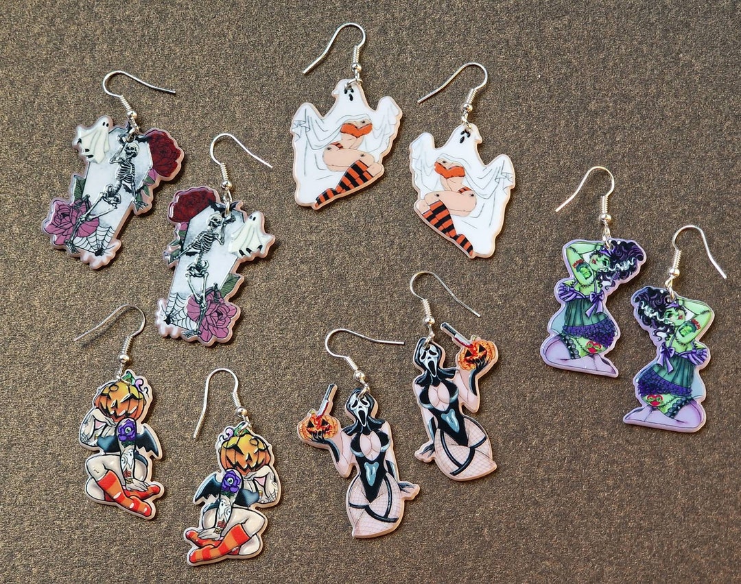 Halloween Pin up Girl, Spooky Pin Up, Scream, Ghost, Pumpkin, Skeleton Horror Earrings for