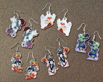 Halloween Pin Up Earrings, Spooky Acrylic Earrings, Silver Hooks