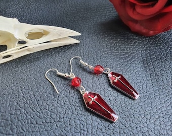 Vampire, Coffin, spooky, creepy, witch, occult, dangle earrings, Halloween, pierced ears.