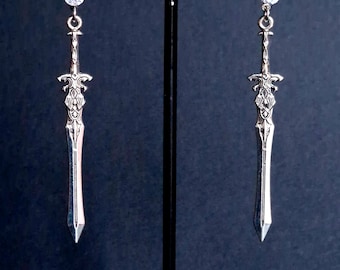 Silver Sword dangle earrings- Gothic Fantasy jewellery with Clear Gem studs.