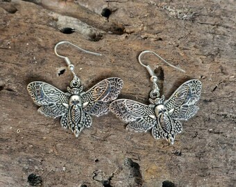 Deathshead Hawk Moth Earrings: Silver Toned Gothic Jewelry