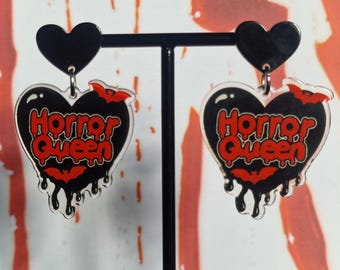 Horror Queen Dangle Earrings: Gothic Drippy Heart, Bat Detail