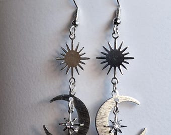 Celestial Dangle Earrings: Silver Sun, Moon & Star - Boho Gothic