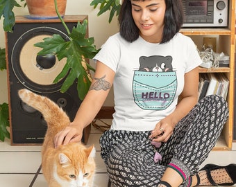 Camisas de gato, camisas de gato escondidas no bolso, camiseta fofa de gatinho no bolso, camisetas de gatinho, camiseta de gato de bolso, presente para amantes de gatos, camisas de mãe de gato