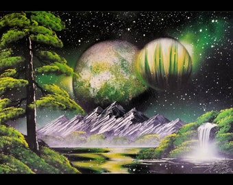 Spraypaint Art / Spray Paint Art / Galaxy Art / Two Planet Home Decor / Street Art / Spray Paint / Conjunction of the Spheres /