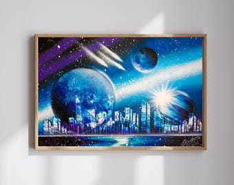 Peinture en aérosol / Art de la peinture en aérosol / Art de la galaxie / Décoration d'intérieur de l'espace / Art de la rue / Peinture en aérosol / Ville toujours croissante /