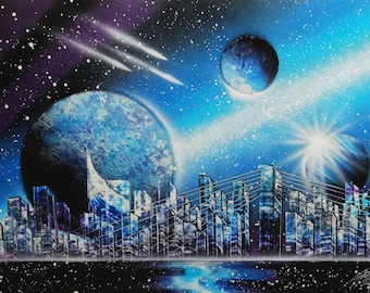 Spraypaint Art / Spray Paint Art / Galaxy Art / Space Home Decor / Street Art / Spray Paint / Evergrowing City /