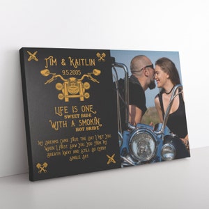 Personalized Motorcycle Couple Canvas: Valentine&#39;s Day Biker Gift