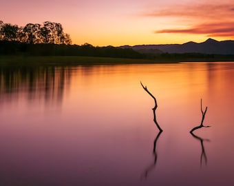 Lakeside Serenity – Wall Art, Peaceful Sunset, Still Water Reflection, Landscape Photography, Print Canvas Acrylic Metal, Calm Nature Photo