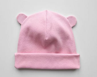 Berretto rosa a coste con orecchie da orso - Cappello per neonati in cotone fatto a mano