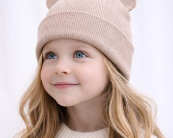 Berretto in maglia a coste color sabbia beige con orecchie da orso - Cappello in cotone fatto a mano per bambini, 3 taglie