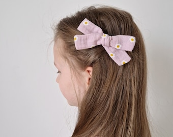 Muslin Hair Bows | Pink Flower Design Bows | Hair Bow Set if Two or Individual - Two Styles Available