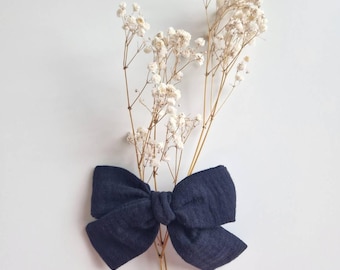 Grande fiocco in mussola di cotone per bambine, accessorio per capelli fatto a mano, fermaglio sostenibile, nero