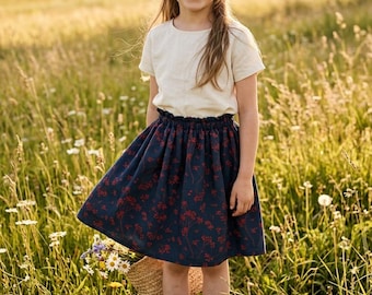 Girls Floral EcoVero Viscose Skirt with Scrunchie, Teal Blue Green Pink Floral, Ruffle Waist