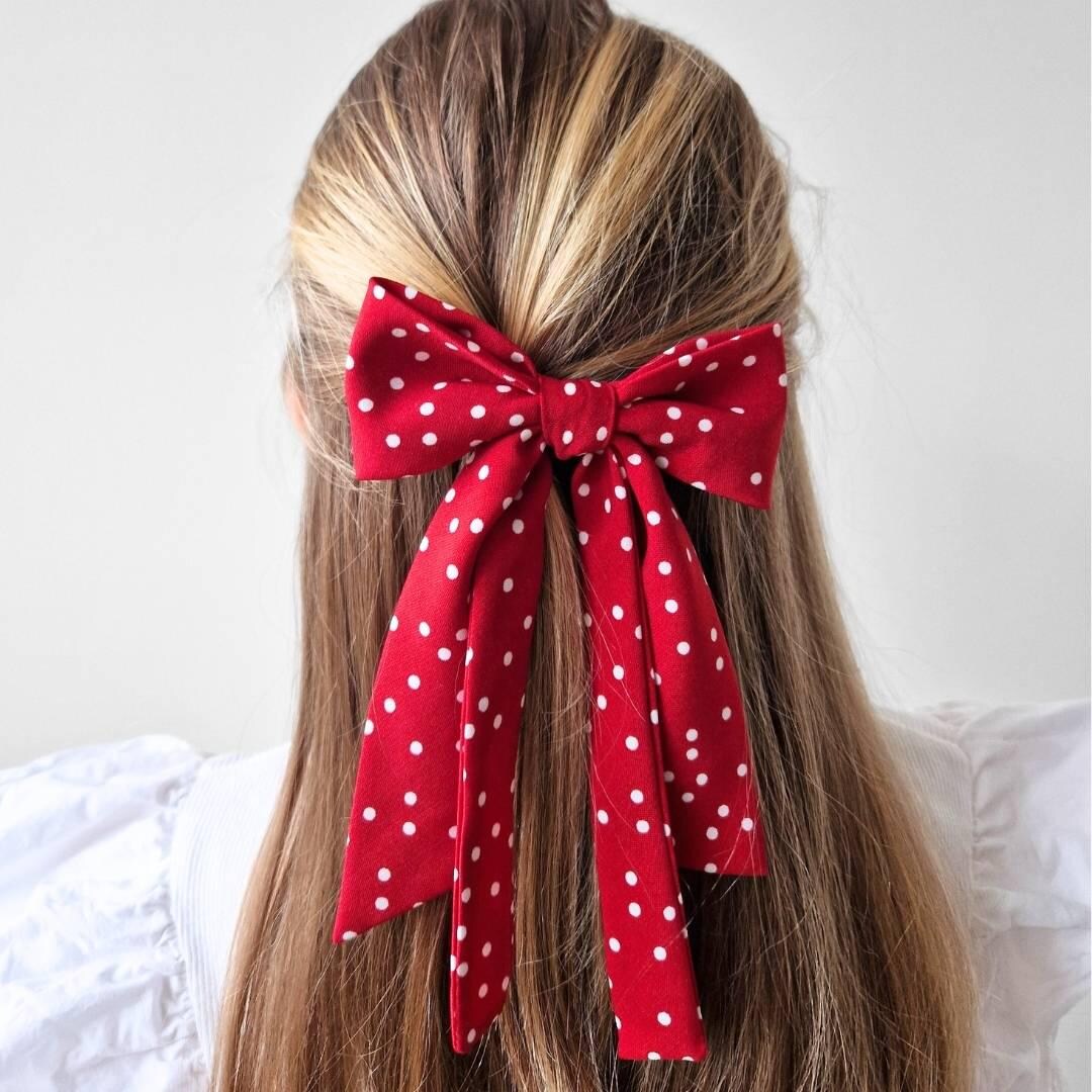 Red Polka Dot Hair Bow Clip, Large Retro Upcycled Fabric, Pin up Style ...