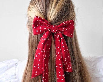 Fermaglio per capelli a fiocco rosso a pois, grande, in tessuto riciclato in stile retrò, accessorio pin-up