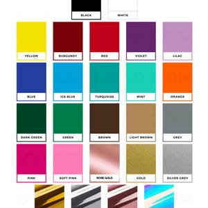 May include: A color chart featuring a variety of hues, including black, white, yellow, red, blue, green, pink, and brown. Metallic shades like gold and silver are also displayed, along with text labels for each color, such as "Black," "White," and "Rose Gold."