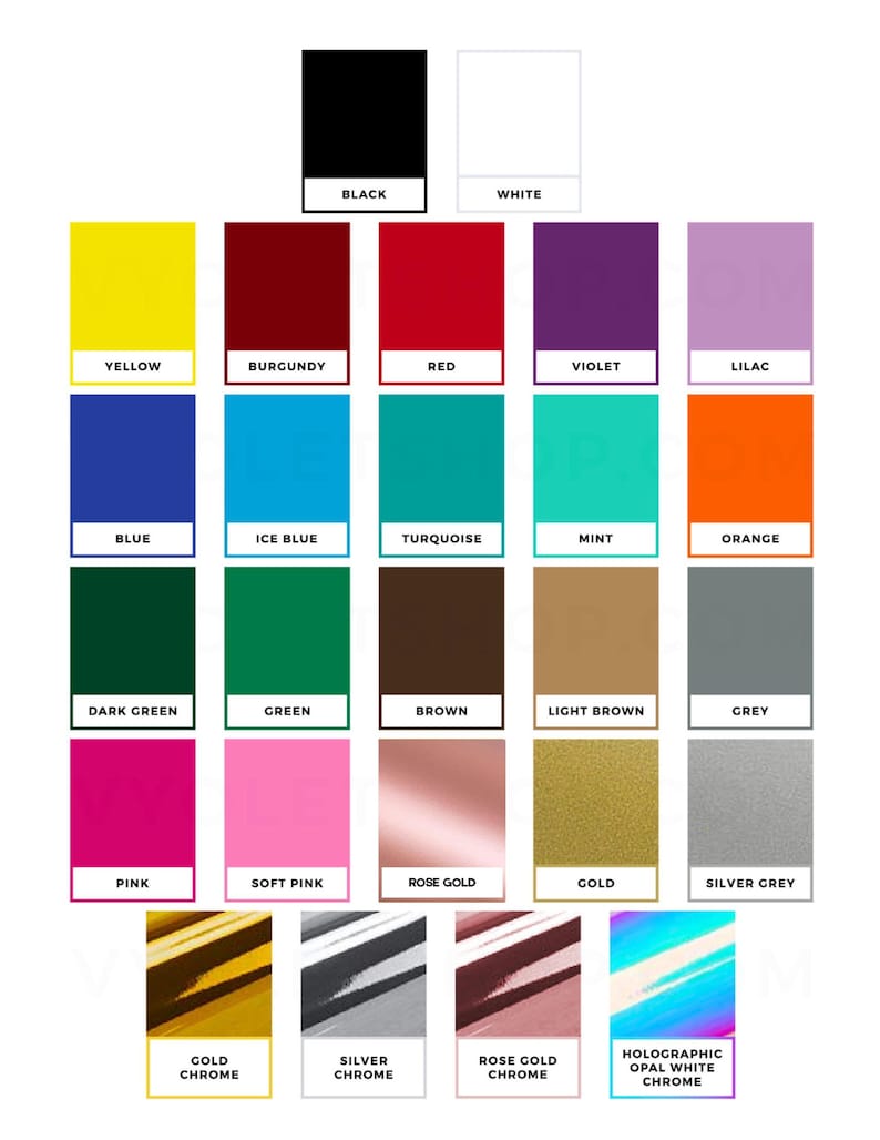 May include: A color chart featuring a variety of hues, including black, white, yellow, red, blue, green, pink, and brown. Metallic shades like gold and silver are also displayed, along with text labels for each color, such as "Black," "White," and "Rose Gold."