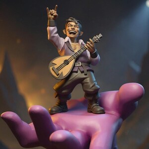 May include: A 3D-printed figurine of a character playing a lute, with a rock-and-roll hand gesture. The figure is dressed in purple and gray clothing. The figurine is standing on a large, pink hand. The text "SCANLAN" and "3D PRINTING STL (PRESUPPORTED)" are visible.